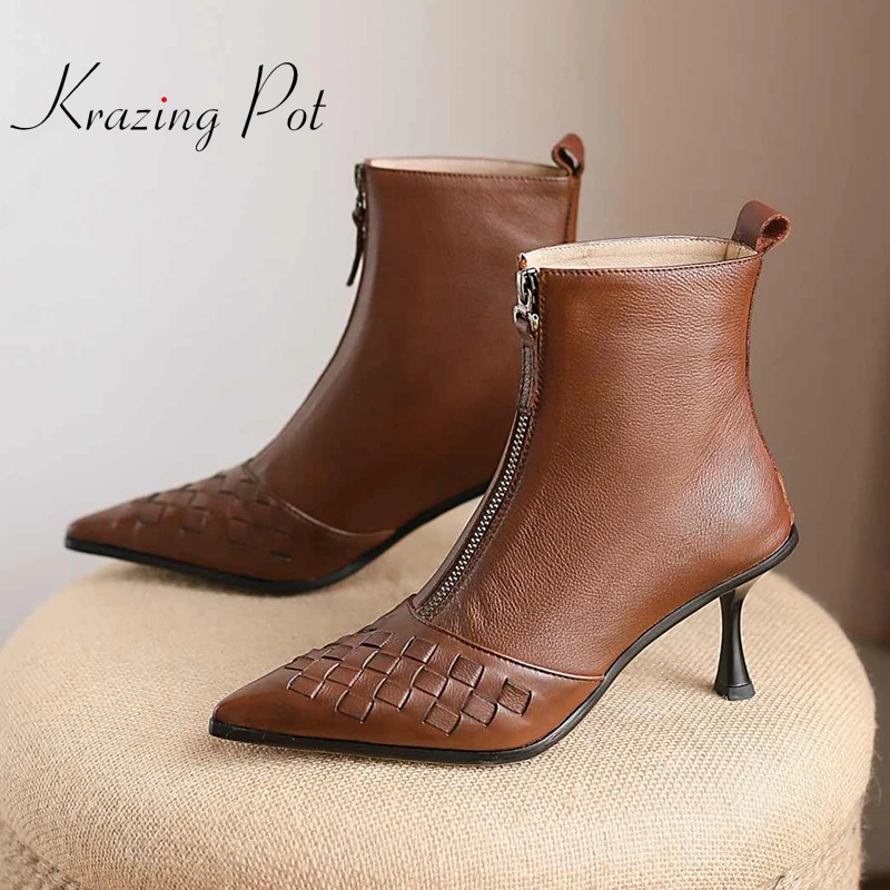 

krazing pot hot retro fashion winter keep warm natural leather pointed toe thin high heels young lady streetwear ankle boots L55