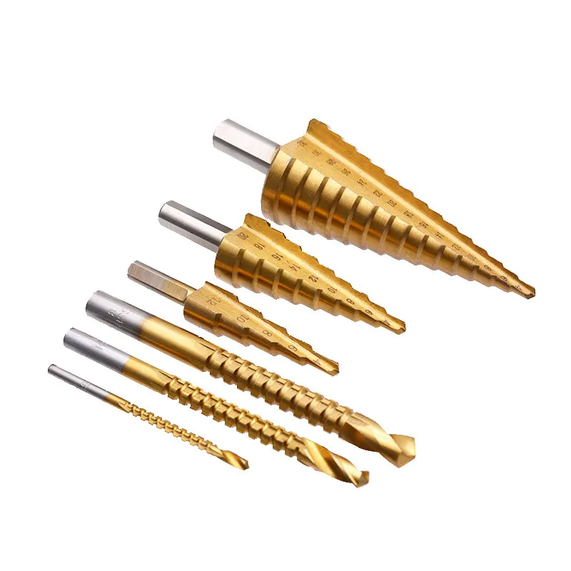 

6Pcs HSS Steel Step Drill Bit Set 4-12/20/32mm Metal Hole Cutter Wood Cone Core Drilling Hole Saw Tool+3,6,8 Saw Drill