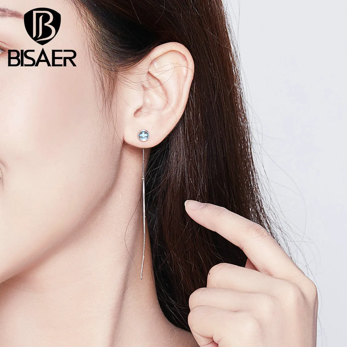 Простые серьги BISAER 925 пробы Серебряная Длинная цепочка простые классические женские серьги-гвоздики для женщин модные ювелирные изделия ECE720