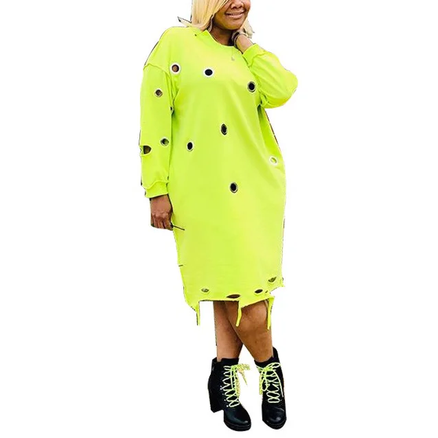 

African Plus Size Dress 4XL Green Hole Long Sleeve Loose Pullovers Mid Calf Casusal Fashion Vestidos Mujer Dresses 2021 Summer
