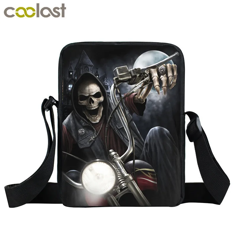 Миниатюрная сумка мессенджер в стиле панк с черепом мотоциклетные холщовые