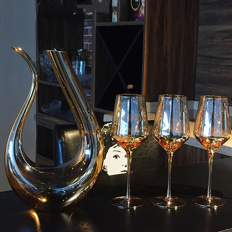 Set Golden Brown Crystal Glass Red Wine Decanter Wine Jug Stemware Home Wine Set