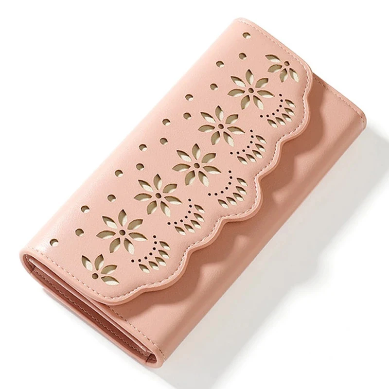 

Hollow Out Three Fold Wallet For Women Long Pu Leather Money Card Holder Phone Pocket Zipper Coin Purse Female Clutch Wallets