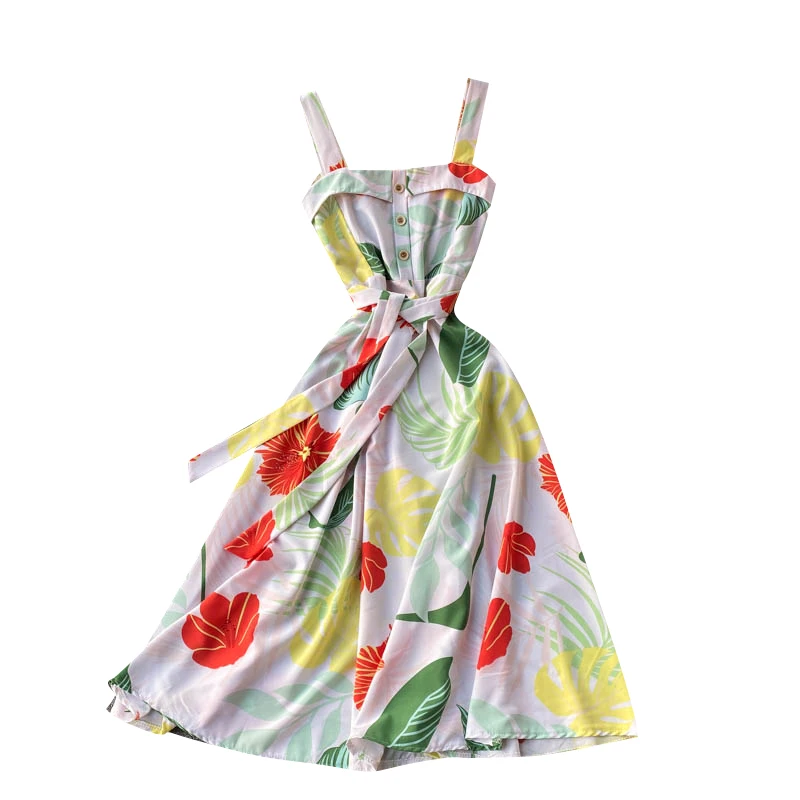 

Tropical Printing Sweet Cute Anti-Aging Dress Sexy Strapless Lace-up Waist-Controlled Slimming Small Vacation Dress