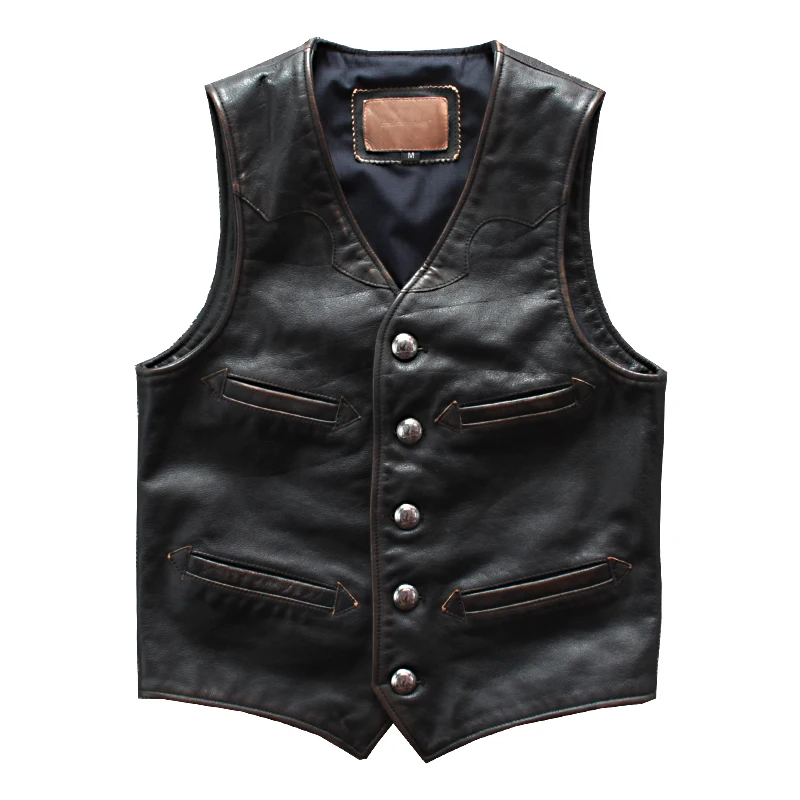 

2020 Vintage Black Men American Style Slim Fit Leather Plus Size 6XL Genuine Cowhide Spring Short Biker's Vest