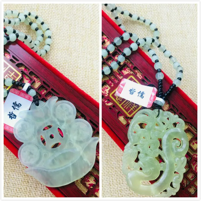 

Натуральный Ляонин изумруд Сюань резные светло-зеленые полые ретро Дракон и Феникс пара слиток кулон ожерелье свитер цепь