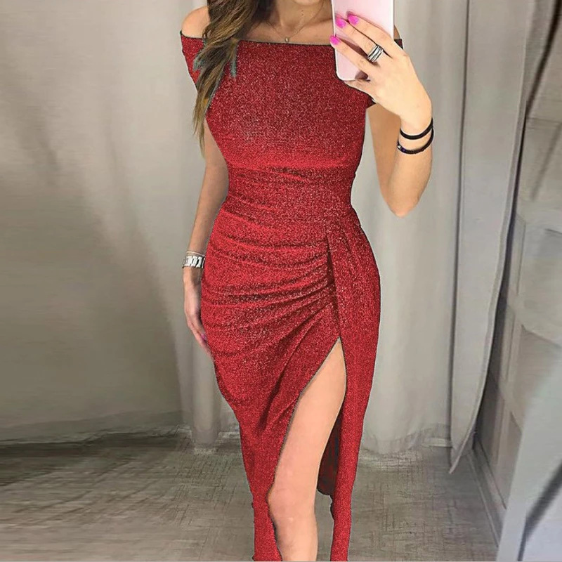 

Fashion Glitter Slim Bodycon Dress Lady Elegant Sequin High Split Sexy Dress Sping Autumn Slash Neck Off Shoulder Party Dress
