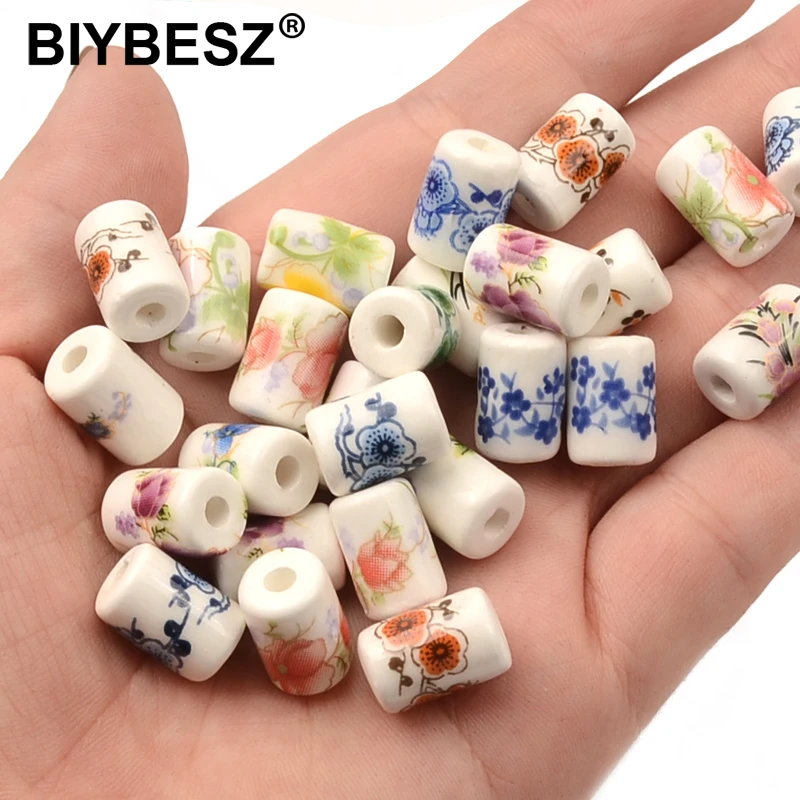 

10 шт./лот Китайская печать, фарфоровые бусины в виде пионов, цветов, 8 х12 мм, Цилиндрические Керамические Подвески, подвеска ручной работы, из...