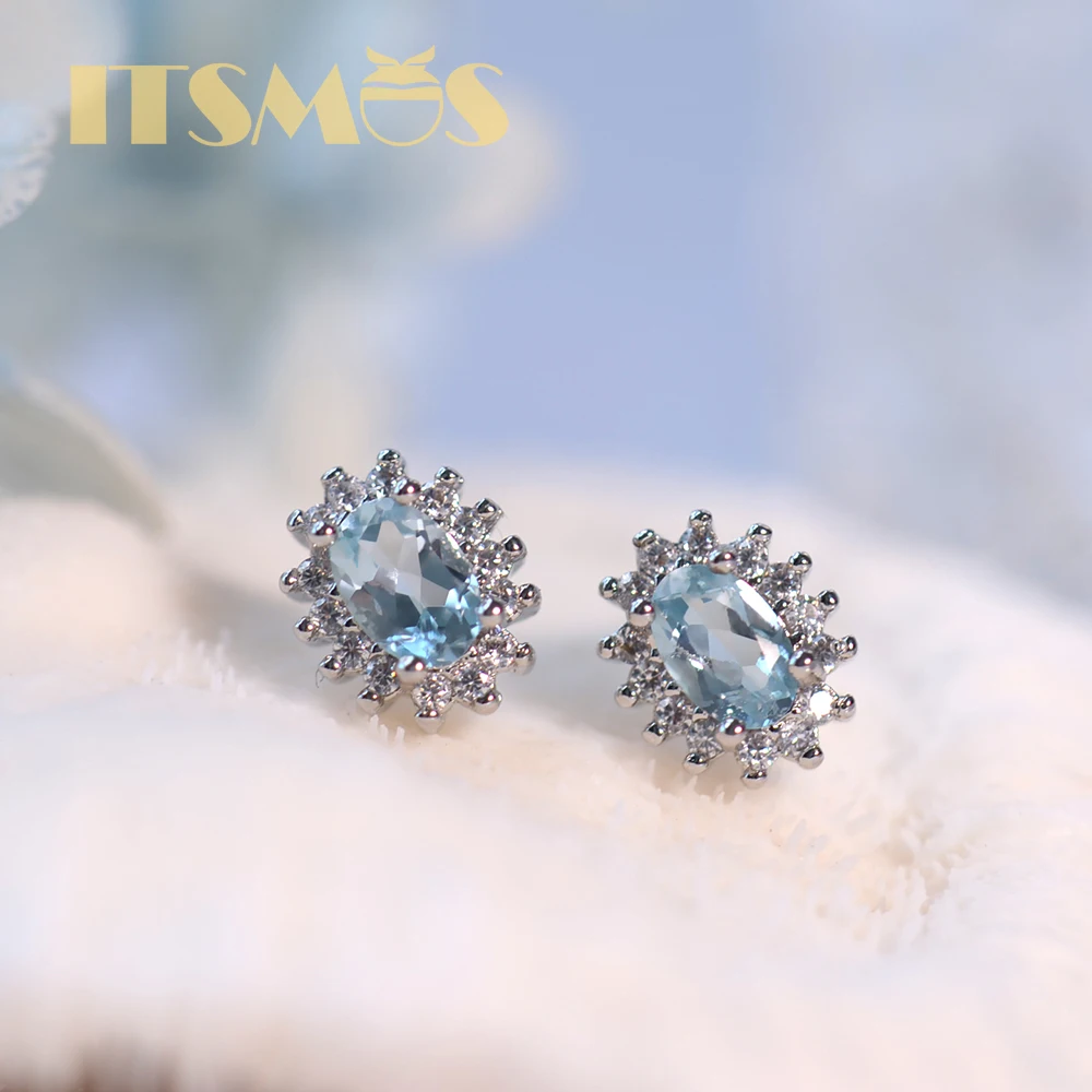 Женские серьги гвоздики из серебра 925 пробы с натуральным голубым топазом 1 4