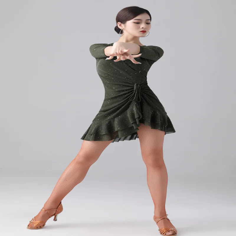 

New Arrival Sexy Women Dance Costume Solid Color Dance Performance Mid-length Sleeve Green Sequined Pleated Dress