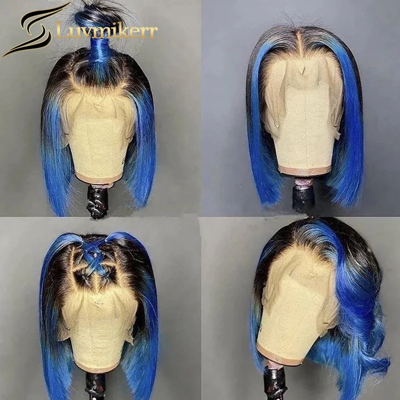 

Straight Short Bob Wig Ombre Blue Highlight Honey Blonde Lace Frontal Wigs For Women 613 Pixie Cut Wig Full Pre Plucked 150%