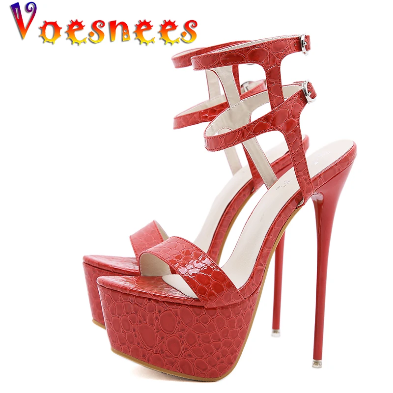 

Женские туфли Voesnees 2021, пикантные красные сандалии на очень высоком каблуке с рыбным носком, Модель T Station 17 см, сандалии на шпильке с каменным узором