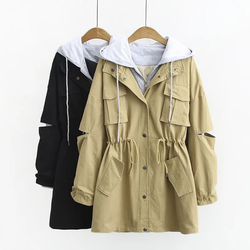 

Extra Large Women Trench Coat New Spring Autumn Clothes Loose Drawstring Fake Two Casual Hooded Windbreaker Female Basic Coats