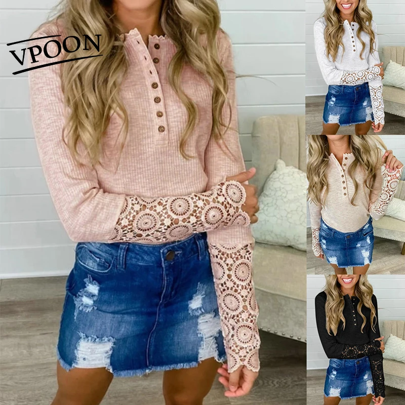 

2021 сексуальные однотонные топы, рубашка с длинным рукавом и вырезами, кружевные рубашки на пуговицах, пуловер большого размера, футболка, же...