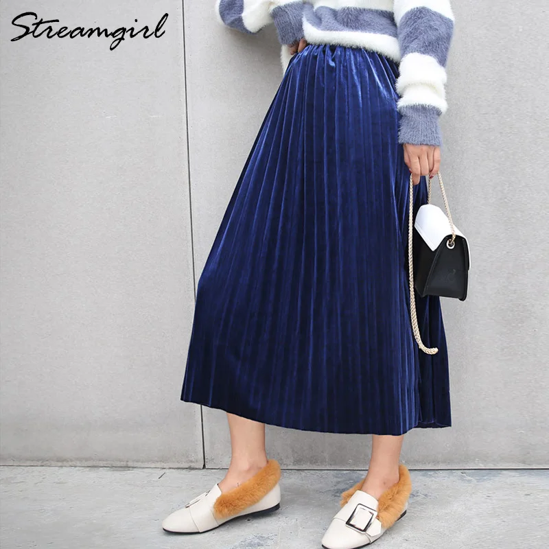 Navy blue Женская зимняя юбка плиссированная Макси Зеленая винтажная длинная бархатная юбка трапециевидной формы для женщин осенние женские плиссированные юбки женские зимние - Цвет: Navy blue