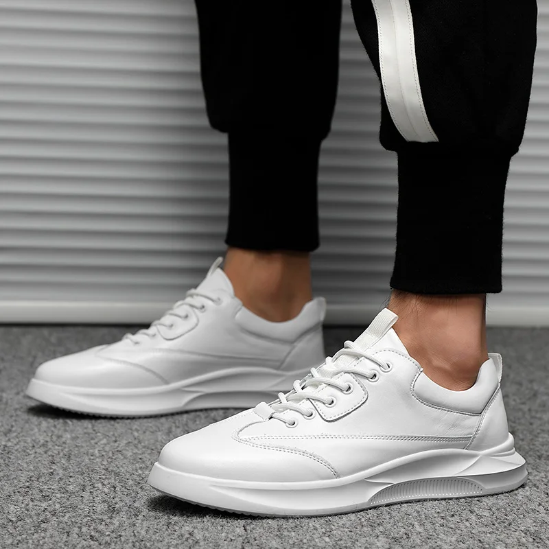 Кроссовки мужские из телячьей кожи спортивная обувь на толстой подошве шнуровке