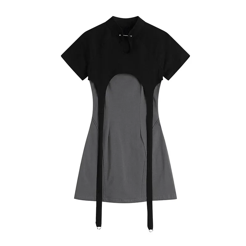 

Streetwear Two Pieces Dresses Sets Women Simple Short Sleeve Grey Tops and Trendy Solid Basic Spaghetti Strap Mini Vestiods 2021