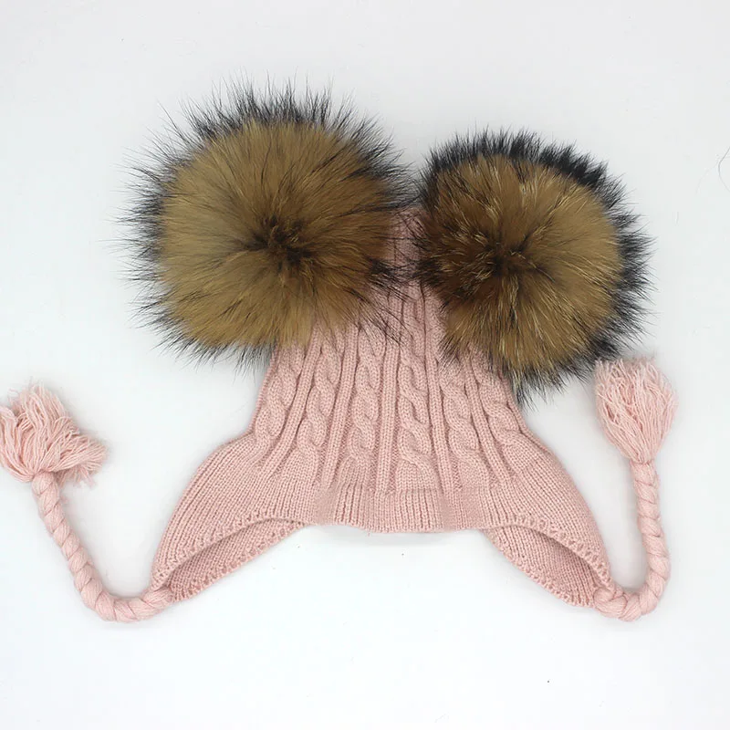 pink 2poms Детская зимняя шапка из натурального меха с помпоном, узор в виде косички Детский Зимний вязаный комплект шапки для девочек и мальчиков, вязаная шапка бини с наушниками, ухо Кепки для детей - Цвет: pink 2poms