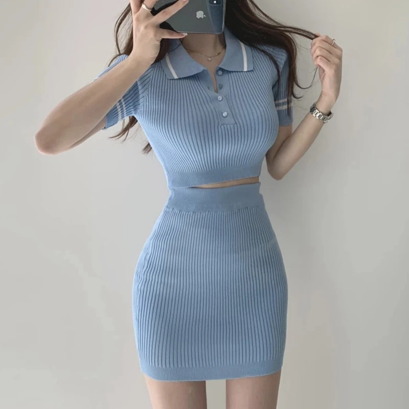 

Летний модный трикотажный комплект из двух предметов в полоску, женская одежда, футболка, кроп-топ, облегающая короткая юбка, комплект из дв...