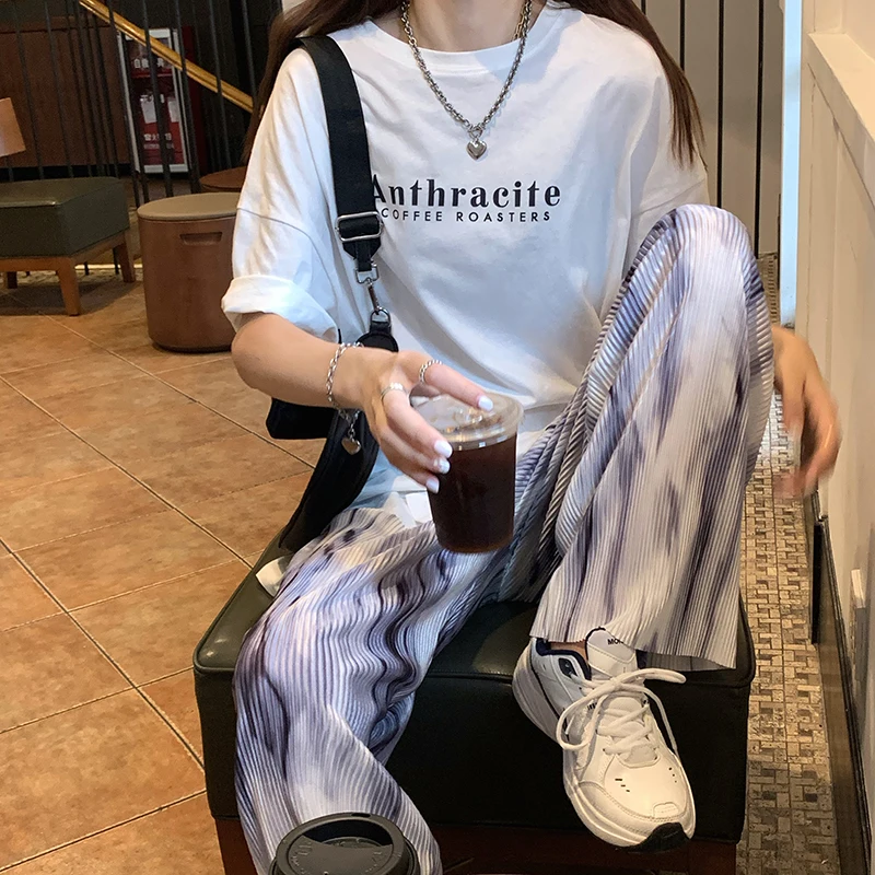 

Blooming Wide-Leg Pants Women's High Waist Summer Thin Draped Casual Pants Mop Trousers Loose Water Ripple Pleated Pants