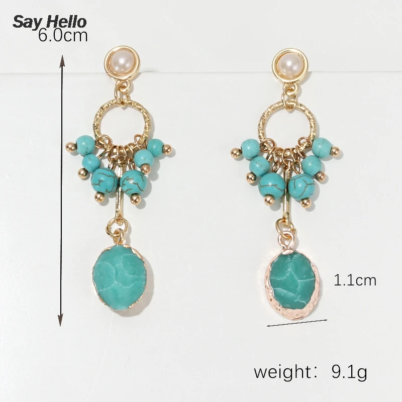 

SAY HELLO Boho Turquoises Dangle Earrings Personality Beaded Gravel Charm Ethnic Alloy Geometric Earrings Jewelry Women D0507