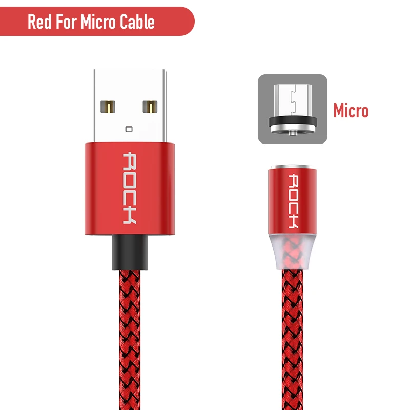 Red For Micro USB Магнитный кабель ROCK для быстрой зарядки с разъемом type-C Micro Usb для быстрой зарядки Usb C светодиодный светильник для iPhone Xiaomi huawei Phone 1 м магнитное зарядное устройство - Цвет: Red For Micro USB