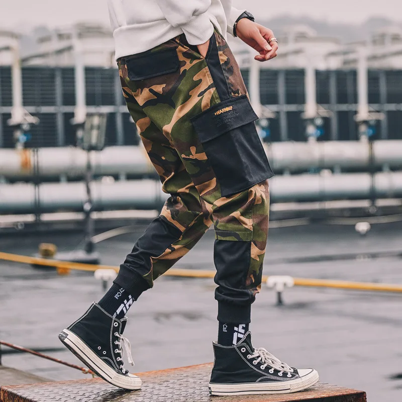 Брюки карго мужские камуфляжные брюки с кулиской много карманов стиль хип хоп