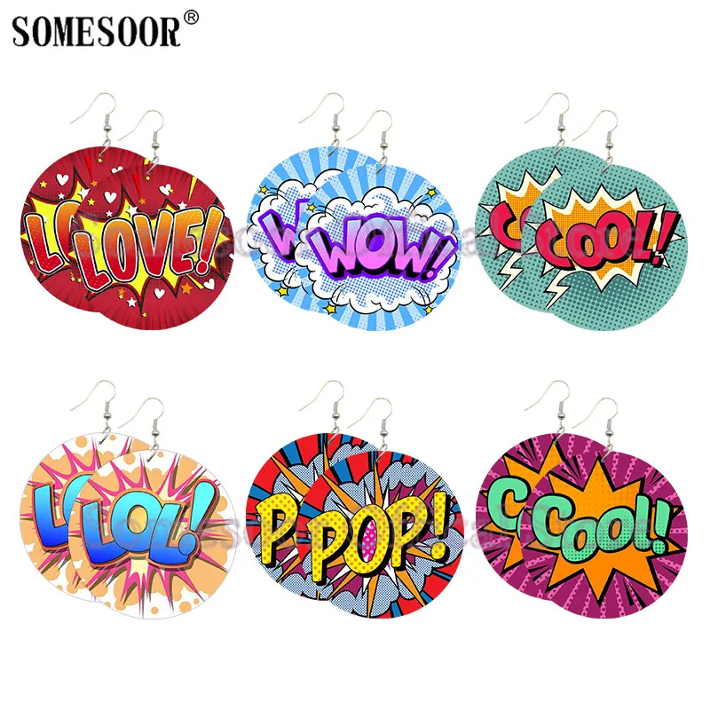 

SOMESOOR Colorful Cute Comics Poppin Art Wood Earrings WOW LOVE COOL POP LOL Speech Bubbles Both Sides Print For Women Gifts