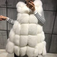 fursarcar natural real white fox fur coat with fur hood women sleeveless warm fox fur vest dress fashion winter luxury outwear