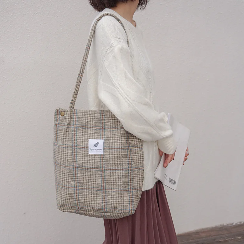 

Women Paid Canvas Woolen Shoulder Bag Female Cotton Cloth Vintage Handbag Tote Fashion Tartan Checked Houndstooth Shopping Bag