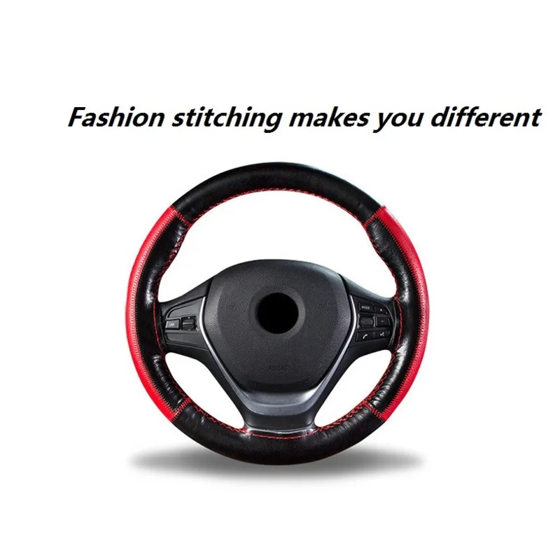 

38 Cm High Quality Cowhide Material Breathable Non-slip Fashion Hand-stitched Steering Wheel Cover With Needle Thread Auto Parts