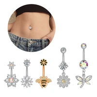 1pc flower belly button rings navel piercing bar surgical steel ombligo barbell stud rose gold silver color crystal jewelry 14g