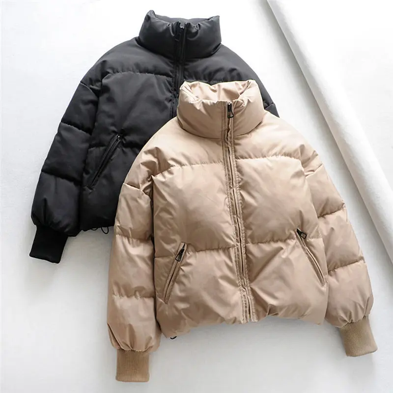 

Fashion Women Solid Stand Collar Winter Down Jacket Preppy Style Thick Zipper Pockets Oversize Ladies Chic Parkas Coats Female