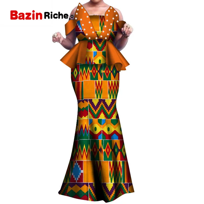 African Wax Print Two Piece Set 2021 Bazin Riche elegant African Traditional Clothing Dashiki Crop Top and Skirt Sets WY3800