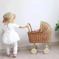 Retro Rattan Doll Stroller Toy Studio Photo Props Baby Doll Carriage Children's Room Decoration Baby Doll Cart Pretend Play Toys