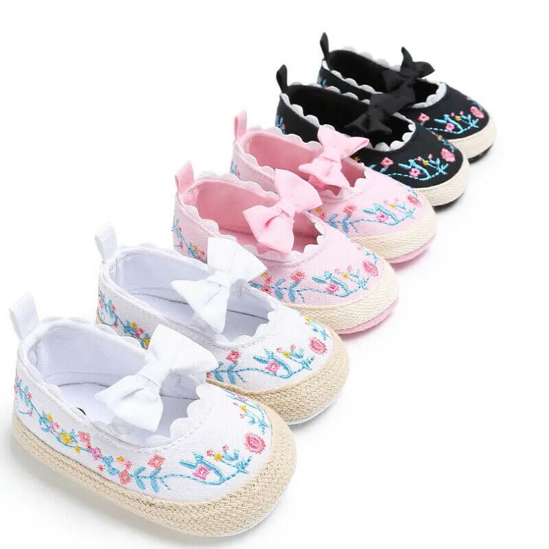 

Baby Girl Floral Embroidery Soft Crib Shoes 0-18M Newborn Infant Toddler Casual Bowknot Anti Slip First Walkers
