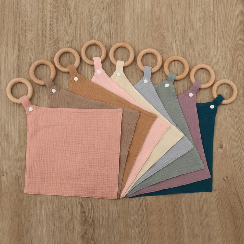 

1pc Baby Bibs Saliva Towel with Wooden Teether Newborn Solid Color Snap Button Soft Absorbent Towel Burp Cloths Gym Play Toys