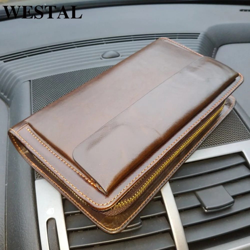 Мужской кошелек WESTAL из натуральной кожи на двойной молнии с карманом для