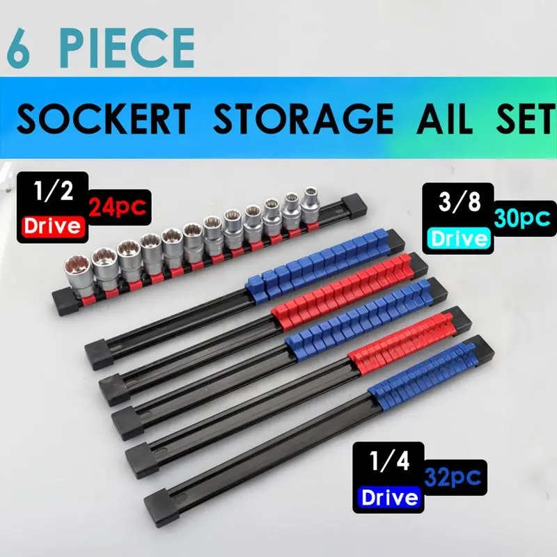 6Pcs Industrial Abs Socket Wrenchs Holder Adjustable Mountable Rail Rack Organizer Sliding 1/4 Inch 3/8 1/2 I |