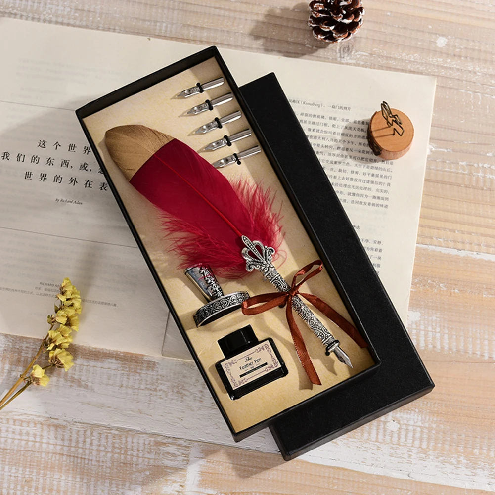 

1 Set Vintage Calligraphy Feather Dip Pen + 2/5 Nibs Writing Ink Quill Fountain Pen Set Retro Stationery Wedding Birthday Gifts