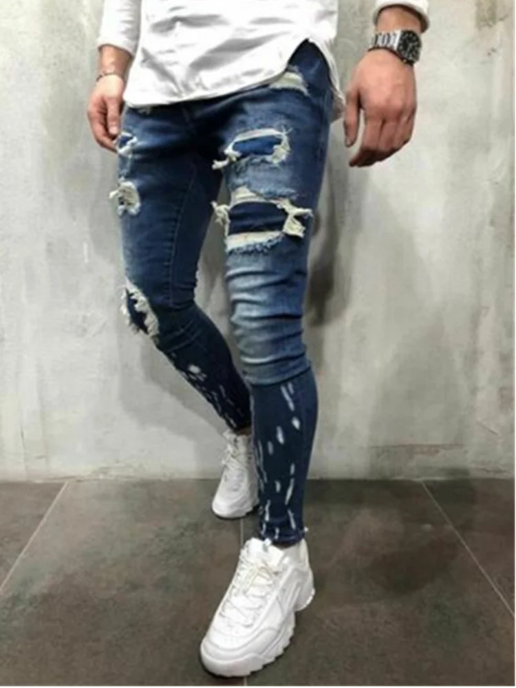 

Man Pure Color Jeans Long Pencil Pants Ripped Jeans Slim Spring Hole Men's Fashion Thin Skinny Jeans Men Hip-hop Trousers