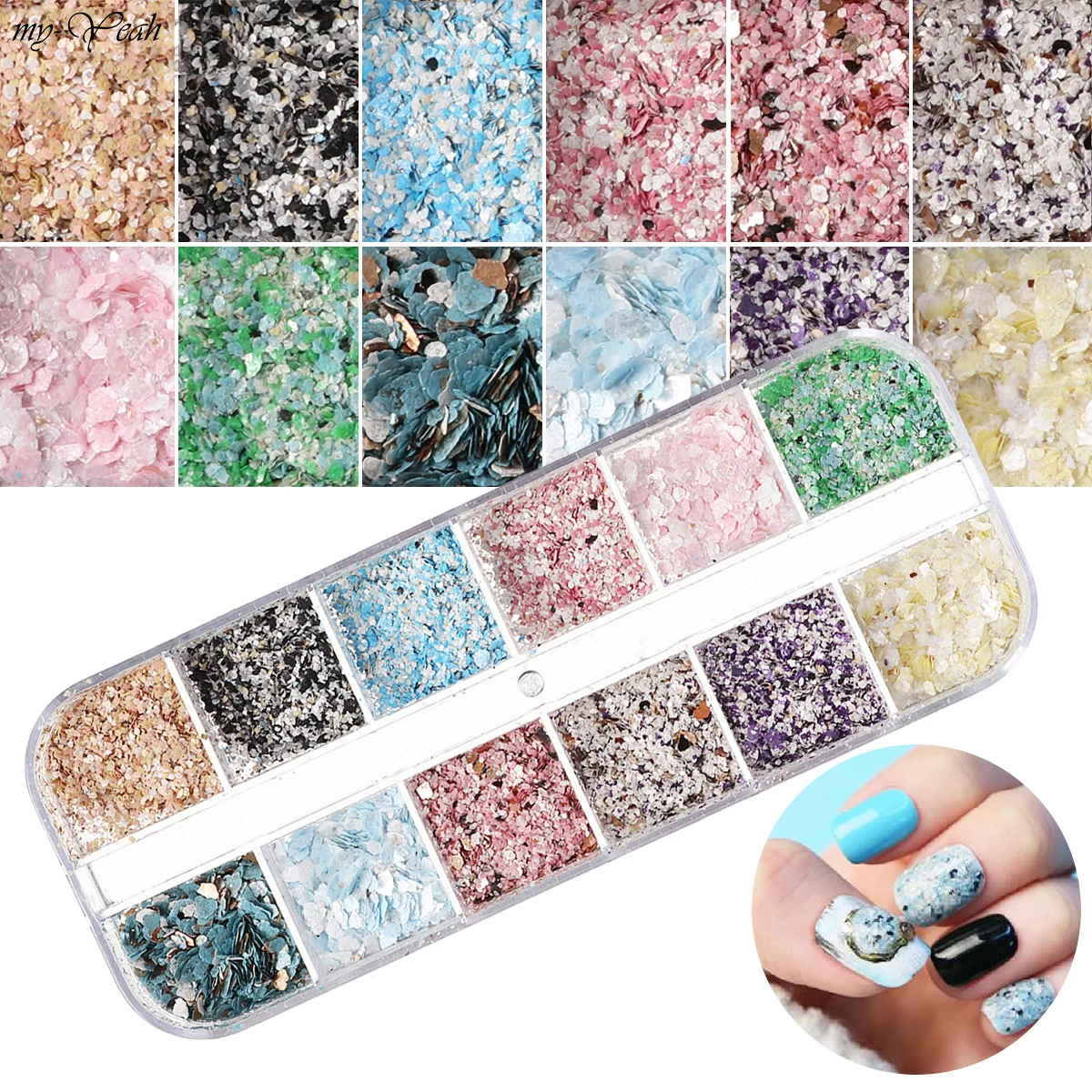 12 Сетки смешанный стиль дизайн ногтей Holo мрамор блестки чешуйки естественный