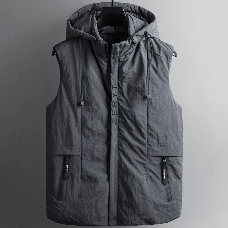 

90% White Duck Down Men's Winter Warm Vest 7XL Large Size Black Grey Hooded Sleeveless Jacket Male Thermal Gilet Coat