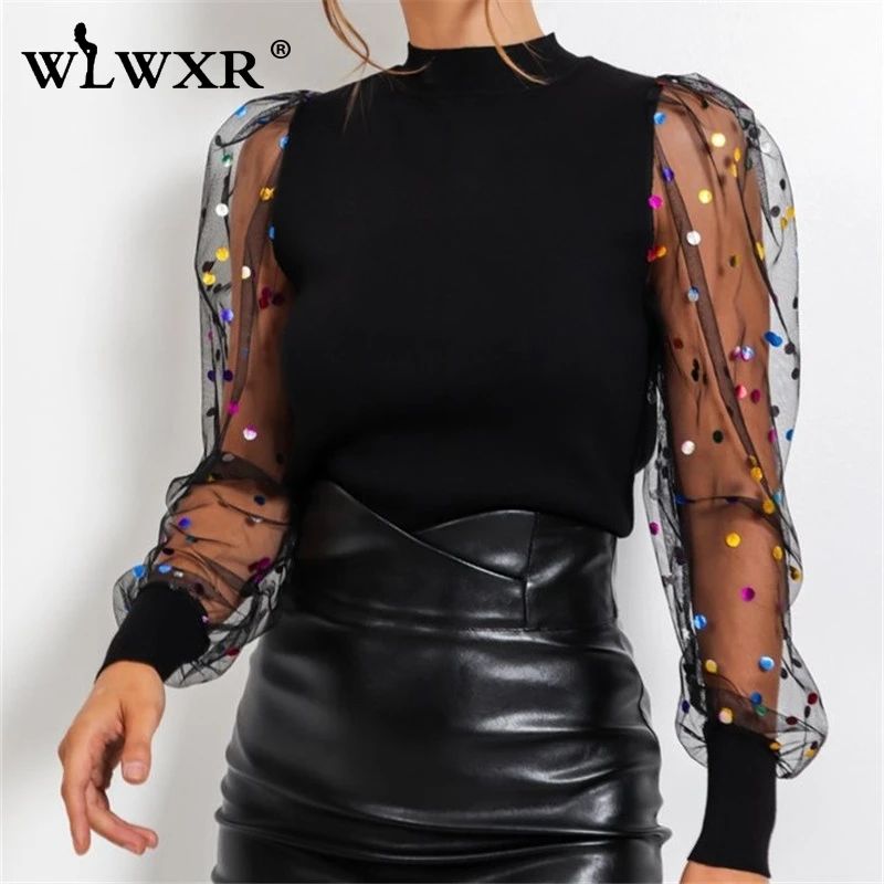 WLWXR черная Повседневная осенне зимняя сетчатая трикотажная Сексуальная Блузка в