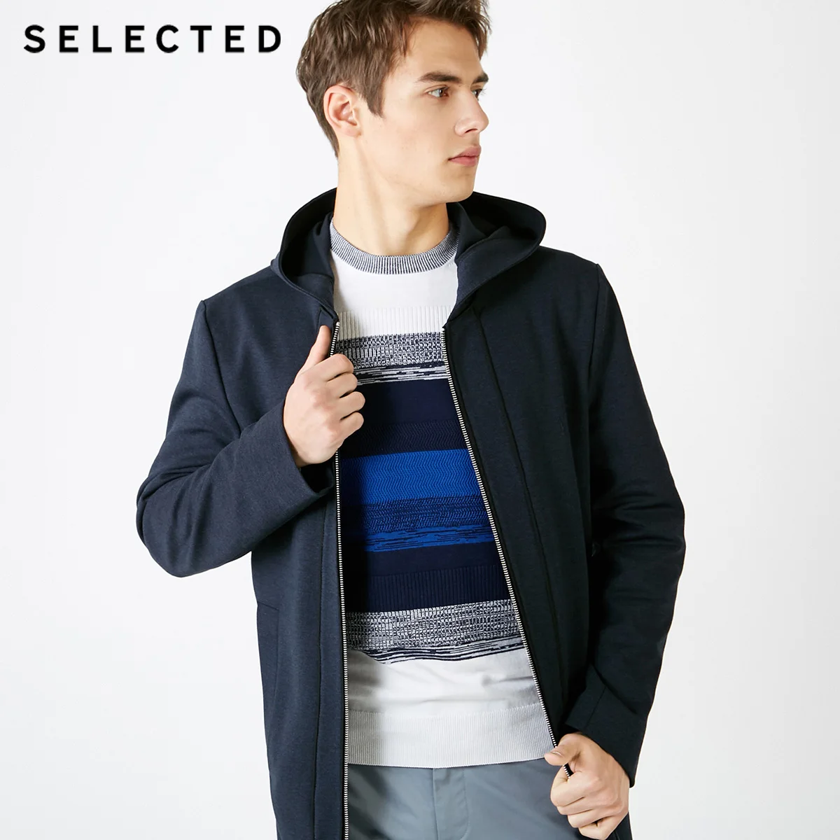 

SELECTED Dark Stripe Spliced Windbreaker Jacket Mid-length Hooded Knit Outwear Coat S|4191OM506