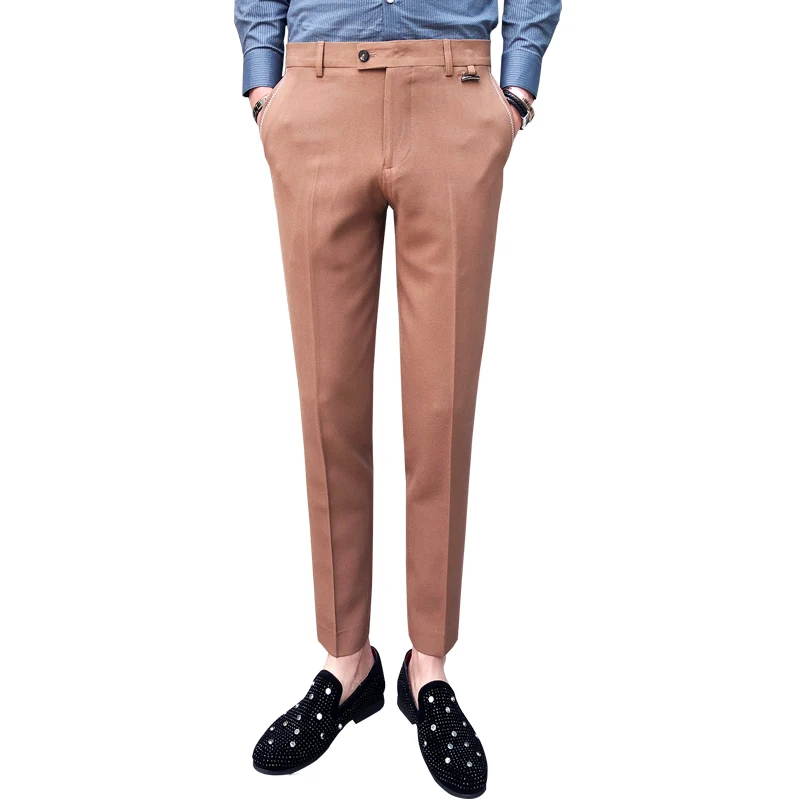 

Pure color small stretch men's suit pants size 28-36, youth fashion casual trousers, khaki gray black pant 2019