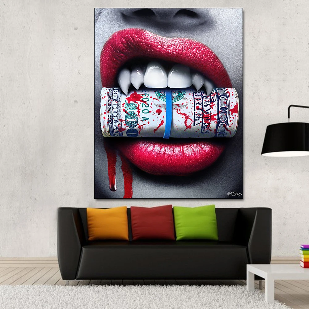 

Abstract Woman Sexy Red Lips Posters Flower Money Posters Print on Canvas Wall Art Picture for Living Room Home Decor No Frame
