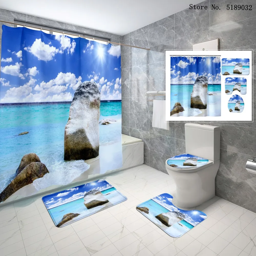 Тропический пляжный синий занавес для ванной крышка туалета коврик океанский