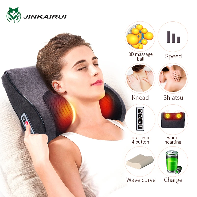 JinKaiRui Shiatsu разминающий перезаряжаемый массажер для шеи, подушка, волнистая, для дома, автомобиля, двойного назначения, массажер для здоровья, массажер для плеч