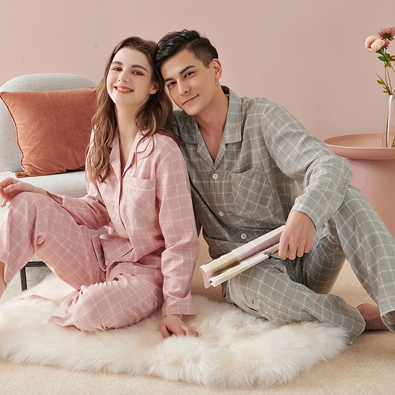 

2021 2pc Couple Plaid Cotton Daily Men And Women Home Pajamas Set